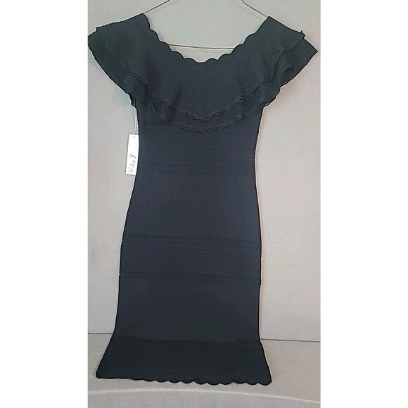Eliza J Black Double Ruffle Scallop Ribbed Sheath Dress – Size Small NWT - Picture 3 of 9